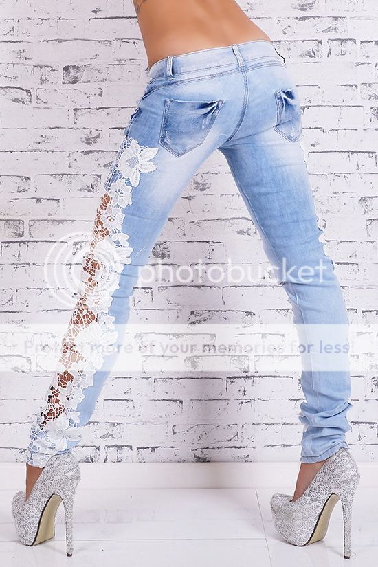 Women's Slim Skinny Side Lace Crochet Stretch Denim Jeans - XS / S / M ...